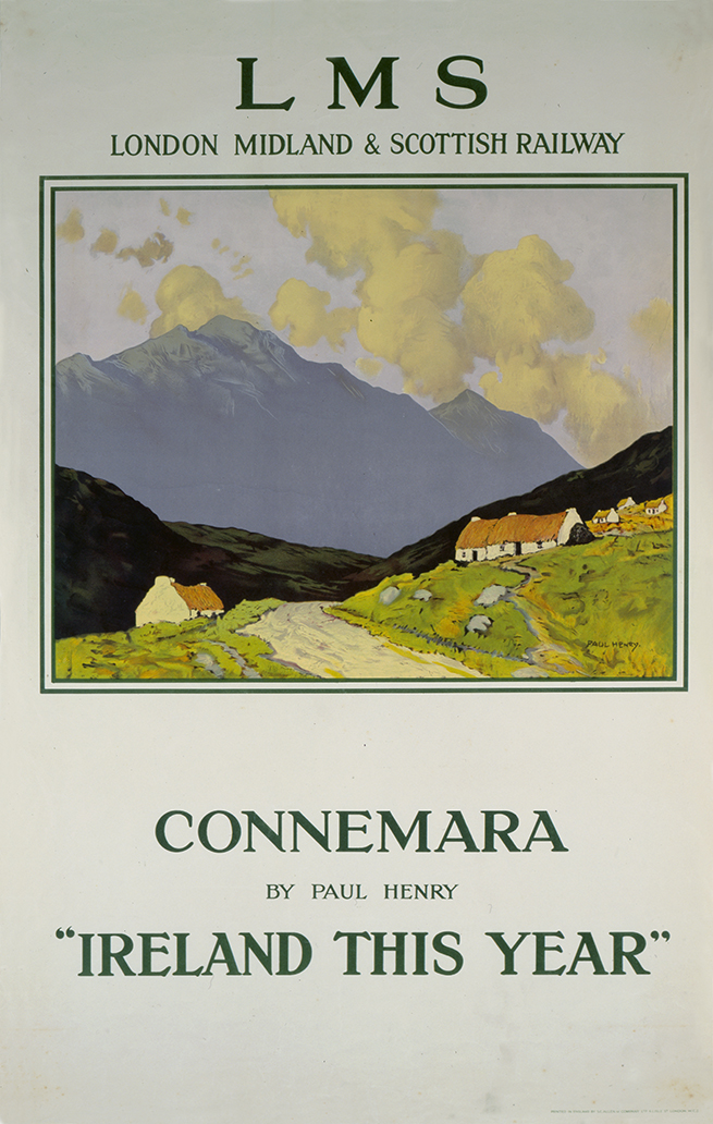 A London Midland & Scottish Railway poster, with a caption that reads ‘Connemara by Paul Henry, “Ireland This Year”’, and the image shows a rough track passing between whitewashed thatched cottages, with mountains and clouds in the background.