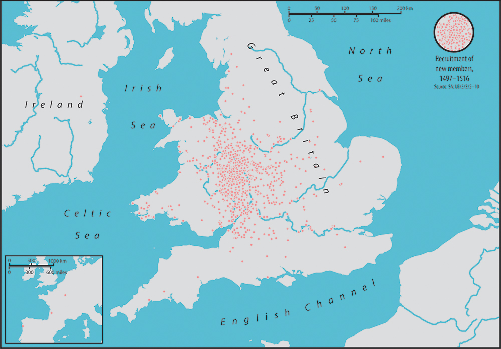 A map of Great Britain and Ireland, covered in small dots that denote where new members of the Palmers’ Guild of Ludlow were recruited from between 1497 and 1516. There are 822 locations with a dot, with a concentration around the Welsh-English border, the Midlands, and along the river Thames into London. An inset map shows Continental Europe with dots on Caminha, Troyes and Bordeaux.
