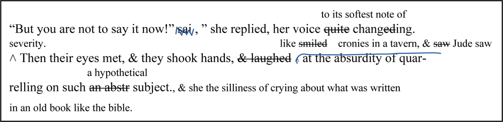 Hardy edits the dialogue to show that Sue and Jude, rather than having a shared response, have different thoughts and emotions. The original text ‘Then their eyes met, and they shook hands, and laughed at the absurdity of quarrelling on such a subject’ is altered through several phases to: Then their eyes met, and they shook hands like cronies in a tavern, and Jude saw the absurdity of quarrelling on such a hypothetical subject, and she the silliness of crying about what was written in an old book like the bible.