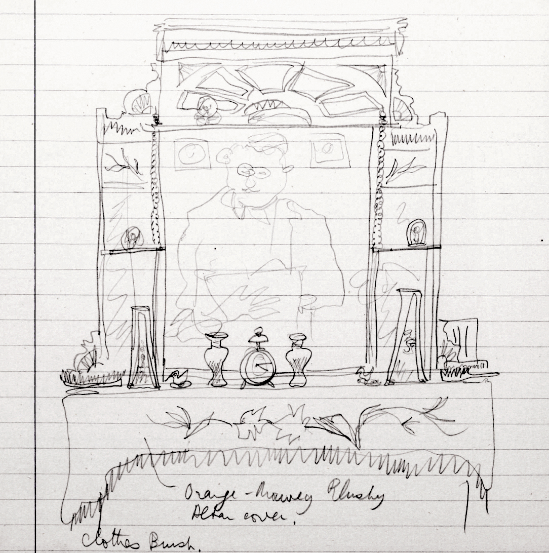 A drawing of an ornate mantlepiece and mirror. In front are depicted various knickknacks, such as a clock, clothes brushes and vases. In the reflection of the mirror a self-portrait of Oliver Cox, recognisable by his round spectacles, can be seen drawing the scene.