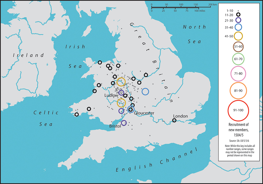 A map of Great Britain and Ireland. Circles of varying sizes demonstrate the number of new recruits of the Palmers’ Guild in 1504/5. Shrewsbury and Hereford have the largest circles, with between 41 and 50 new recruits from each. Coventry and Gloucester have the next largest circles, with between 31 and 40 new recruits.