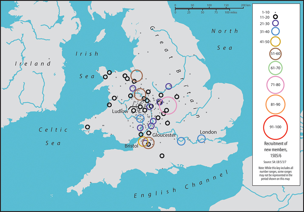 A map of Great Britain and Ireland. Circles of varying sizes demonstrate the number of new recruits of the Palmers’ Guild in 1505/6. Chester and Shrewsbury have between 51 and 60 new recruits, while Coventry has between 71 and 80.