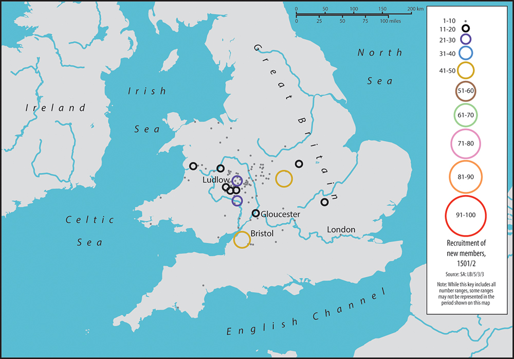 A map of Great Britain and Ireland. Circles of varying sizes demonstrate the number of new recruits of the Palmers’ Guild in 1501/2. Bristol and Coventry had the largest circles. Gloucester, Ludlow, and London are also labelled.