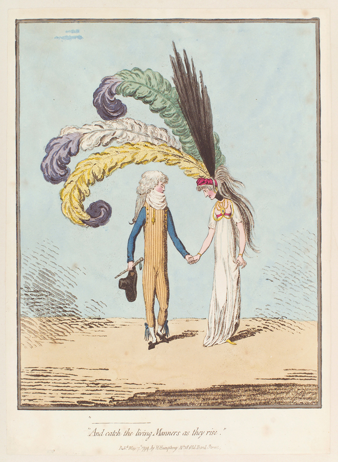 A young man and young woman hold hands. He wears a one-piece striped garment with a sleeveless vest and trouser legs that reach below his calves, where they are tied with ribbon. A voluminous neckcloth conceals his chin. His powdered hair is frizzed on his head, with a long queue or ponytail, and he holds a round hat. She wears high-waisted dress with short sleeves, her breasts are uncovered and decked with a lattice-work of jewels. Her hair is adorned with three impossibly long ostrich feathers, which rise from a small cap and loom over the couple.