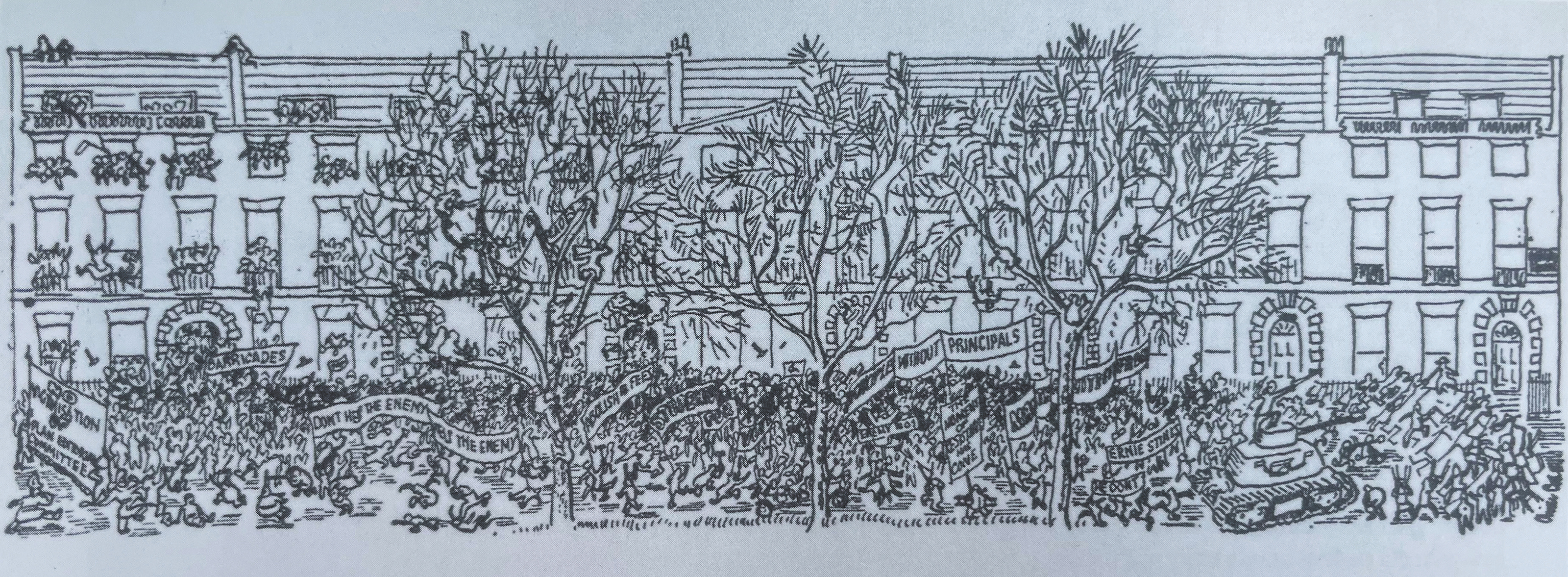 A drawing by Oliver Cox depicting the Georgian terrace that houses the Architectural Association in Bedford square. In front Oliver Cox has shown the ‘revolution with a tumult of protestors, many holding banners and hanging from tree branches, but he has also exaggerated it, even including a tank.