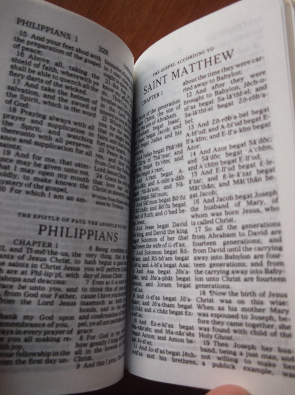 An opening from a reconstructed ‘new’ New Testament, with the end of Ephesians and the beginning of Philippians on the verso side, facing the beginning of Matthew on the recto side.
