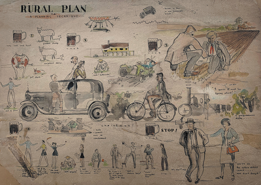 The image shows several drawings by Oliver Cox in the form of a narrative comic of a day in the countryside producing a ‘rural plan’. It shows various forms of transport, including a car, bicycle and train, several farmyard animals, and lots of glasses of what Cox describes as ‘very owd owd beer’. Students are also seen collecting soil samples, and talking to locals. The drawings are coloured with watercolour.