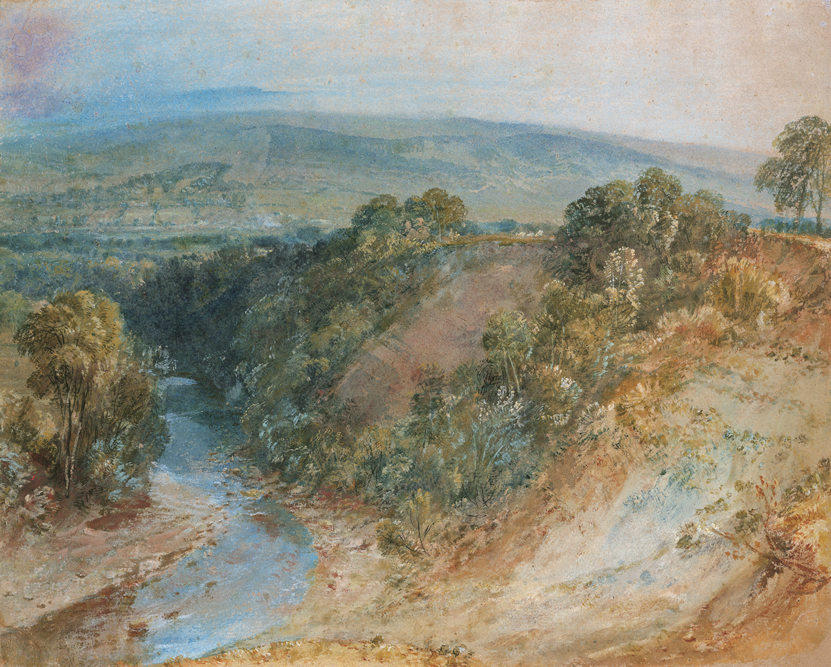 Turner’s 1818 painting of the Washburn Valley, painted while in residence at Farnley Hall. The background shows green rolling hills, while the foreground shows the River Washburn as a gentle stream passing by a number of trees and bushes.