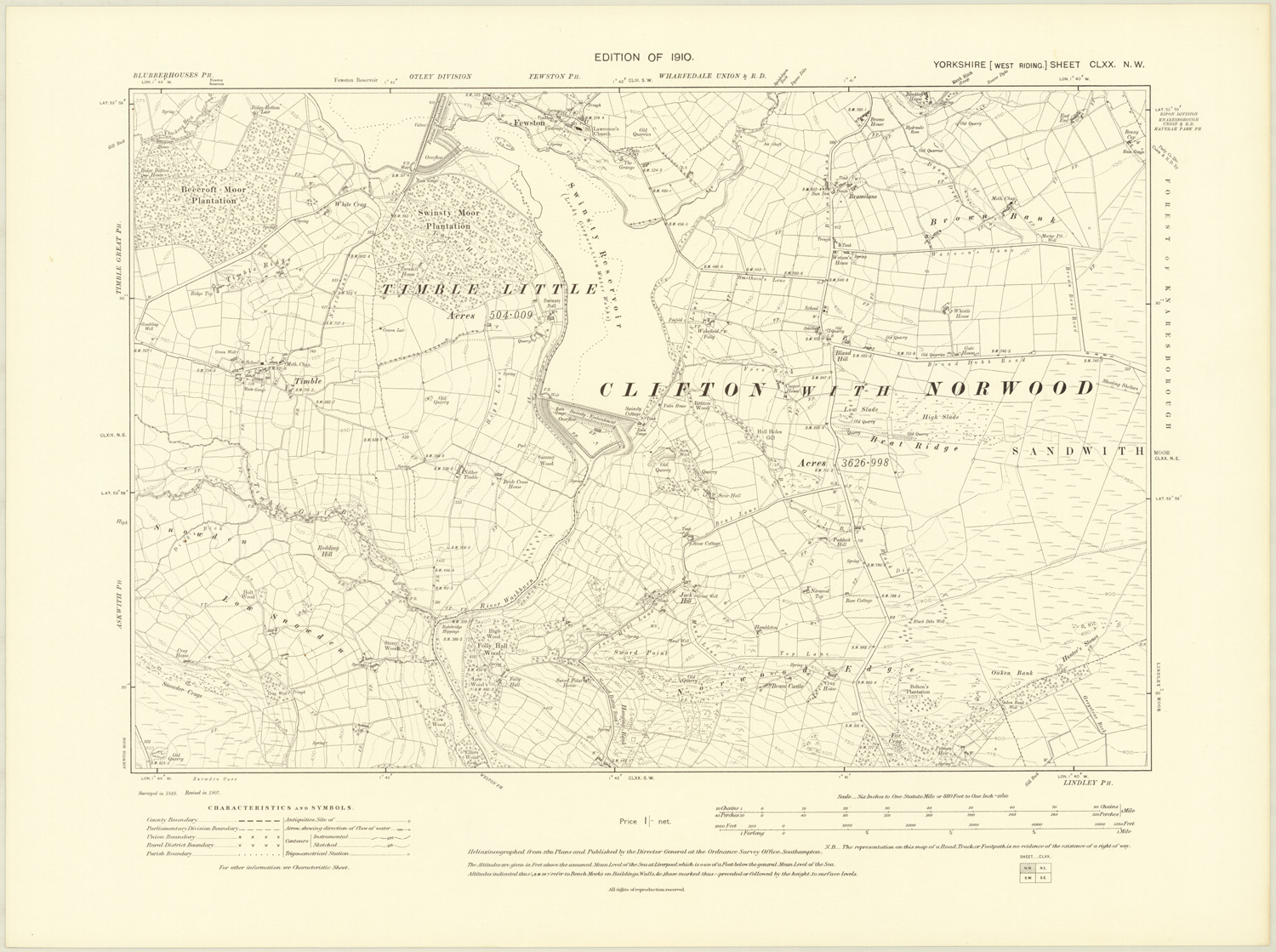 A section of the Ordnance Survey map from 1910, which shows the development of the Swinsty Moor plantation. This map is at a larger scale than the previous map, showing the contours of the land around Swinsty reservoir, and footpaths and areas of local interest like quarries in more detail. Two plantations now appear at the side of the reservoir, demonstrating that afforestation was well underway.