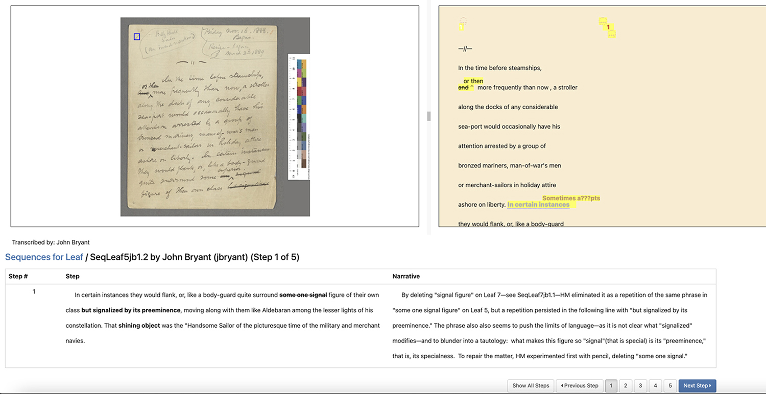 Diplomatic transcription view in TextLab which shows the manuscript on the left and the diplomatic transcription on the right. At the bottom is a revision narrative note.