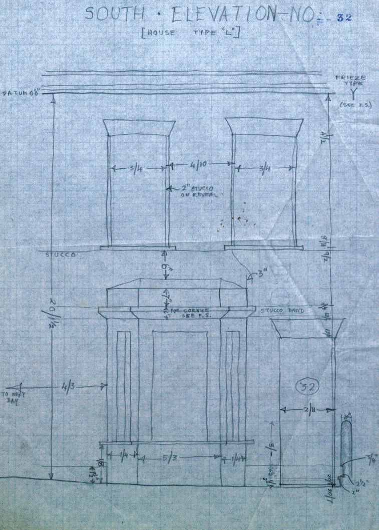 The image shows an elevational drawing in pencil of number 52 Strode Road, the measurements for each element of the façade are added in.