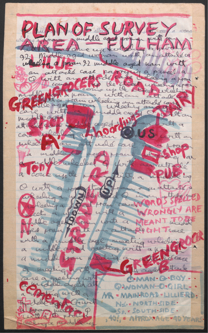 This image shows the cover of the Fulham Study, showing a rough drawing of a map of Strode Rode, in vivid blue and red watercolour. Various features of Strode Road are identified, including the cemetery, pub, and greengrocers. The map is painted over lined paper, which has been written on.