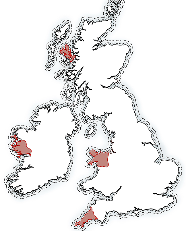 A map of Britain and Ireland, without the borders of England, Ireland, Northern Ireland, Scotland, and Wales, and instead indicating the western case study areas with shading.