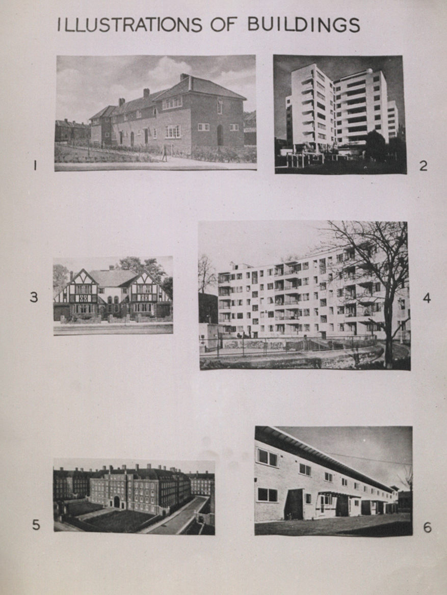 The image shows 6 black and white photographs of 1930s housing types. The photographs show the following buildings: 1. A brick council house in Welwyn Garden City; 2. The modernist Highpoint Flats; 3. A typical example of ‘mock tudor’ semi-detached houses; 4. The modernist Kensal House Flats; 5. Newlyn House, a block of neo-Georgian flats on the London County Council East Hill Estate. 6. Mayflower Green in Stratford-upon-Avon, a terrace of brick modernist cottages.