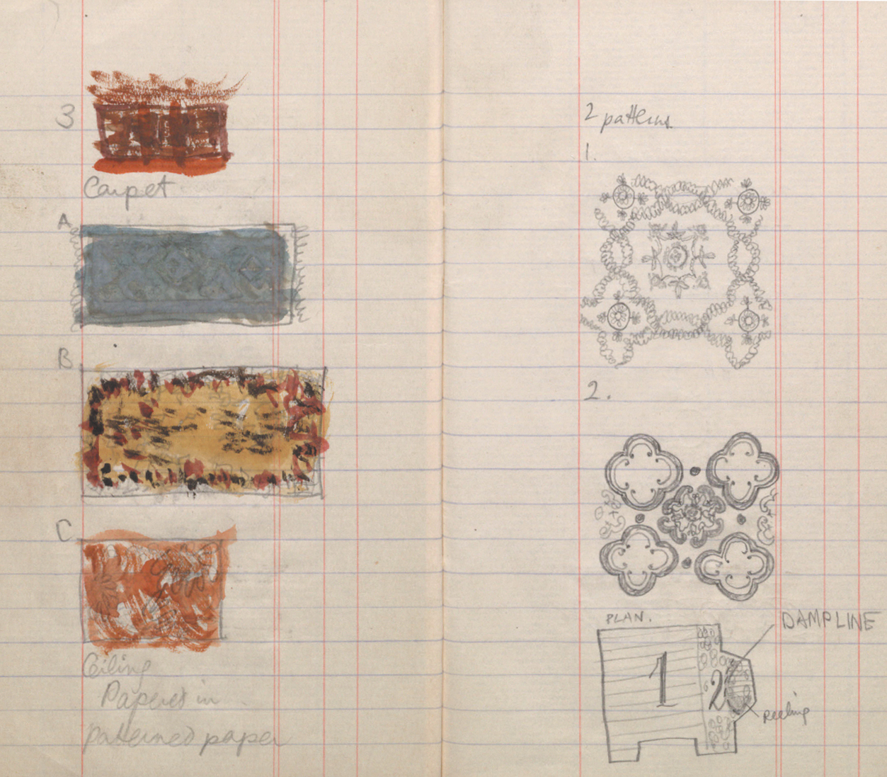 On a lined notebook are drawn several examples of patterns are recorded, including patterned paper, and a carpet. There is also a note about the dampline, and peeling wall paper. Some of the patterns have been coloured with watercolour.