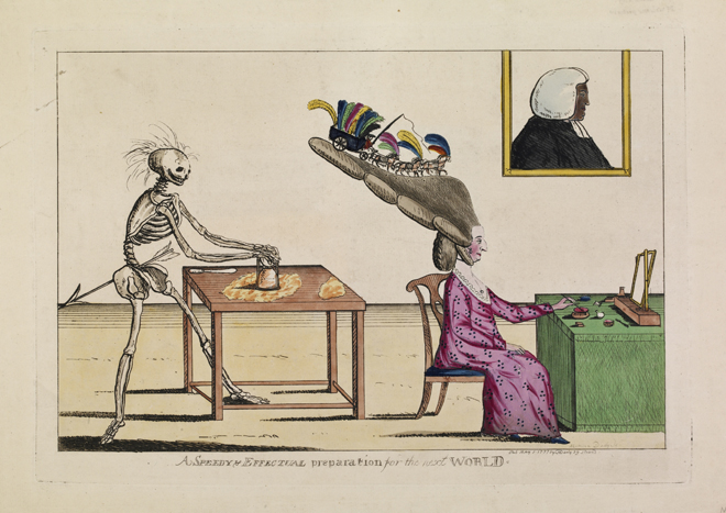 A lady wearing a morning gown sits at a table adorned with toiletries and a looking-glass, dipping a brush into a pot marked ’Rouge’. Her hair is dressed high above her head with side curls and is decorated with enormous ostrich feathers and a hearse drawn by six horses. Behind her a skeleton stands at a second table holding an hour-glass, with the sand having run into the lower glass and spilled out onto the table.