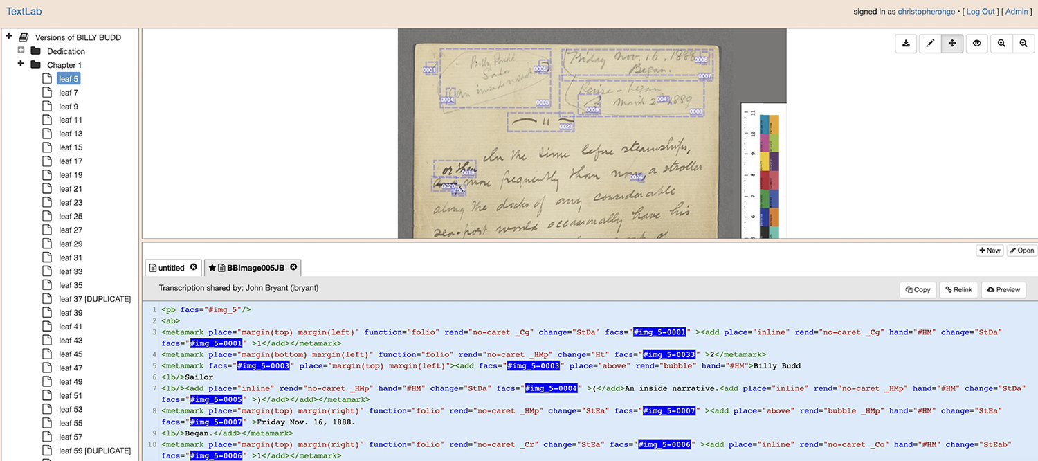 XML editing view of the (now defunct) TextLab manuscript editor, showing the manuscript on the top and the corresponding XML encoding on the bottom.