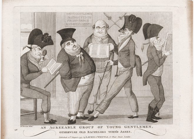 Five elderly men dressed in the fashion of youth. All have tell-tale signs of aging. One uses a magnifying-glass to read Ovid’s ‘of Love’, another reads the Morning Herald, and a third admires himself in a looking-glass. A sign on the wall reads: Young Gentlemen Instructed in Fashionable Accomplishments.