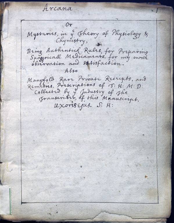 Manuscript title page in a seventeenth-century hand, with a hand-drawn border around the page. The word ‘Arcana’ is above the border and the rest of the title is within it.