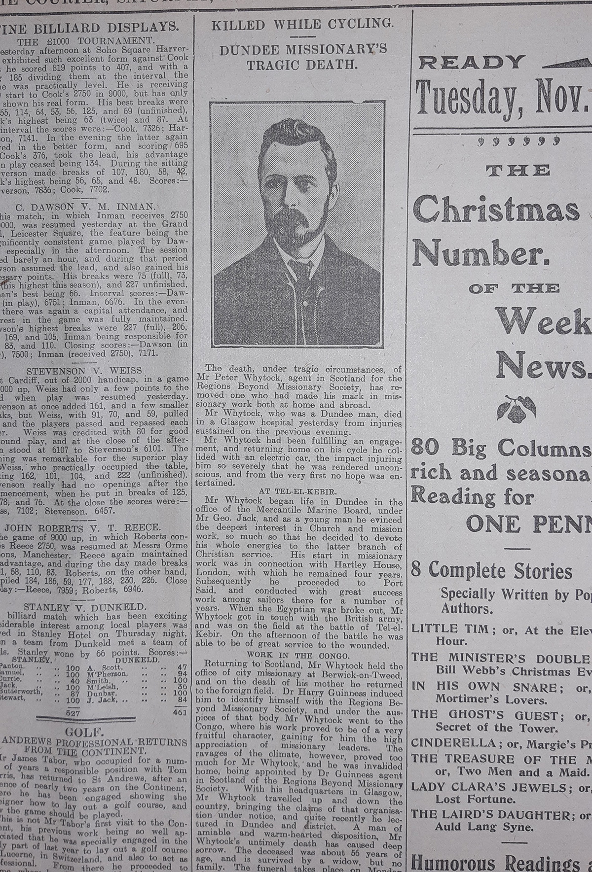 Black and white portrait photograph of a young man with short, peaked dark hair and trimmed beard. He is dressed smartly but plain, wearing a white shirt, tie and dark jacket. Above the photo is the headline in capitals, ‘Killed While Cycling. Dundee Missionary’s Tragic Death’.