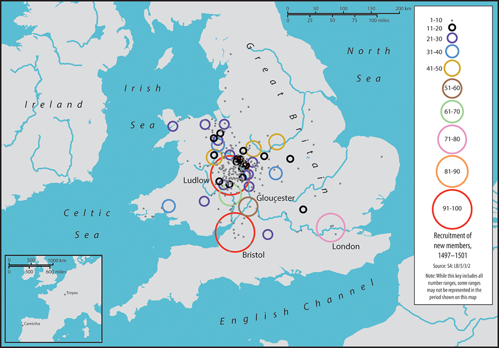 A map of Great Britain and Ireland. Circles of varying sizes demonstrate the number of new recruits of the Palmers’ Guild between 1497 and 1501. Ludlow and Bristol have the largest circles, with 91–100 recruits each. London has between 71 and 80 new recruits. Other places range between 1 and 70 members. A small inset map shows Continental Europe with Caminha and Troyes labelled to show the recruitment of members from there.