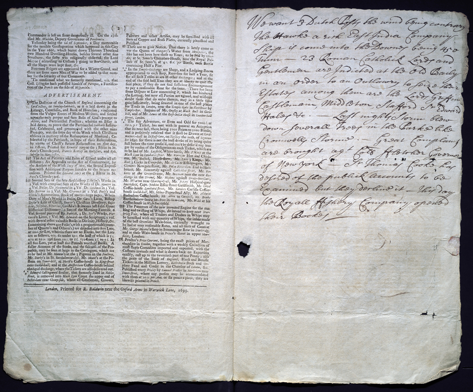 A double-page spread of a seventeenth-century newsletter. There is printed text on the left side, in two columns, mostly taken up by advertisements, and with publication information at the bottom. On the right side is manuscript text, in a seventeenth-century italic hand, providing national and international news items.