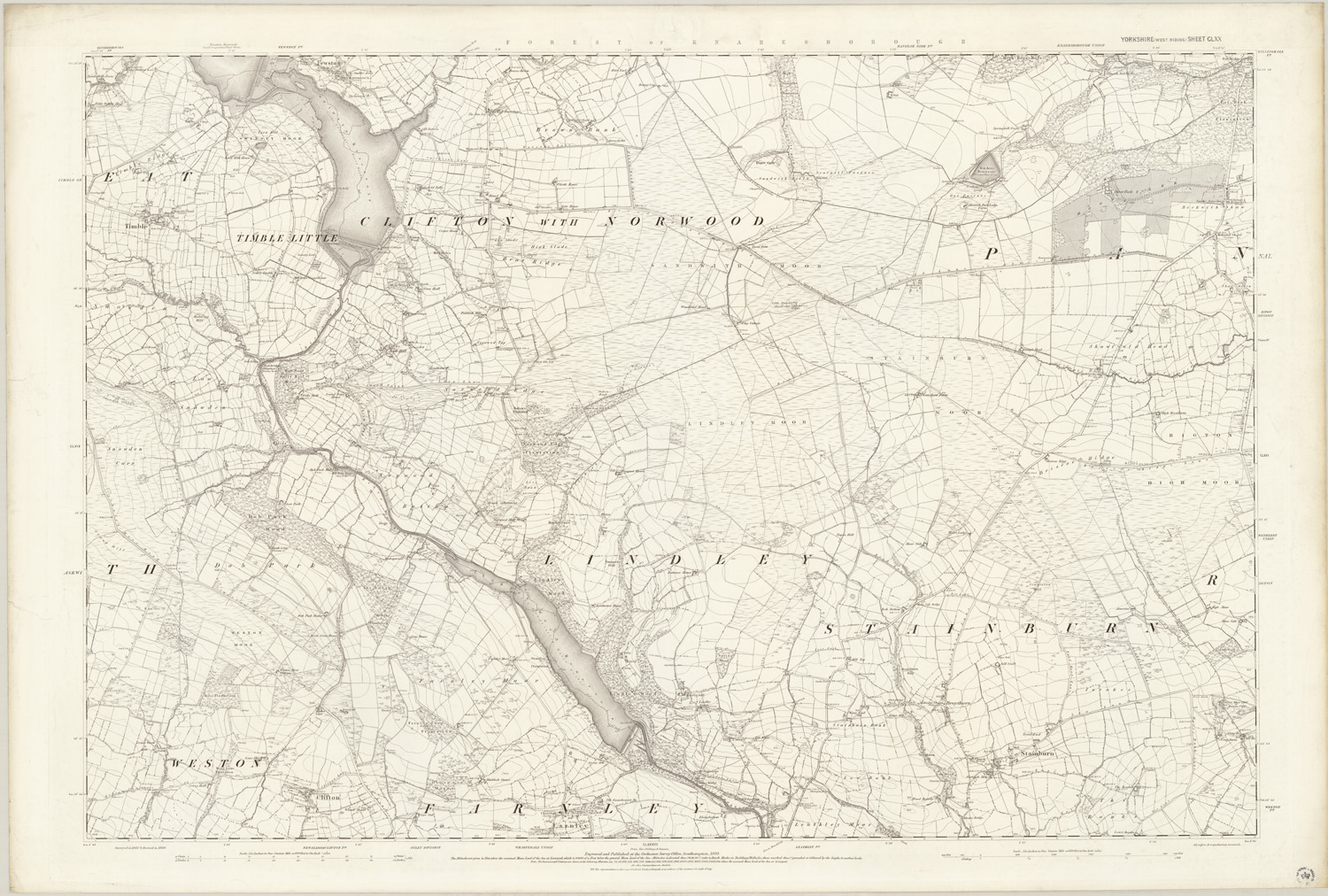 A section of the Ordnance Survey map from 1893, which shows the land around Swinsty reservoir. The map shows the contours of the landscape as well as small settlements and farms in the area. The reservoirs and river can be seen ­running down the map, but the land around Swinsty reservoir has not yet been developed.