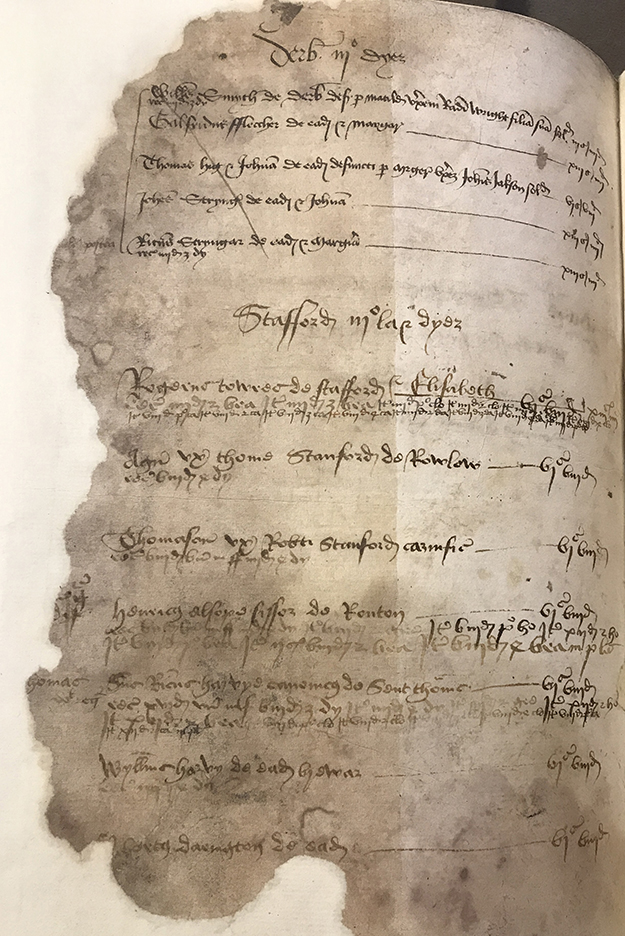 A piece of paper has deteriorated edges. The writing on it contains two sections. The first is labelled ‘Derby’ and lists five names with the amount of money they each owed the guild. The second is labelled ‘Stafford’ and lists seven names, with their occupations and the amount of money they paid the guild.