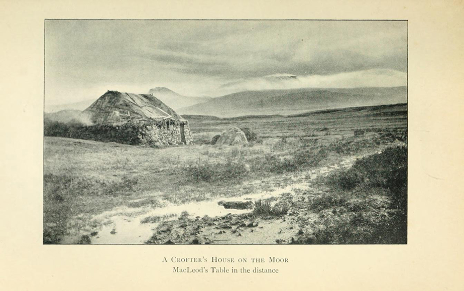 A small hut with stone walls is situated in the foreground within a wide and desolate moorland, where mist and cloud blur the distinction between the hut, the moorland, and the mountains and sky in the background.