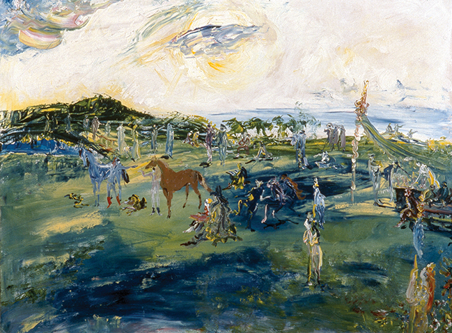 An expressive painting of the mythical island Hy Brasil, in which people and horses gather in the foreground, and in the background the blue sea and white sky merge into one another.