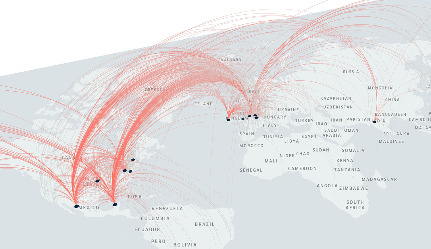 A world map in the Mercator projection showing the flow of individuals travelling to different digital humanities conferences between 2018 and 2019. Each conference attendee is depicted with a line. The line goes from an orange colour representing the location of the institution the individual is affiliated with to a light-blue greyish colour representing the conference location. A black dot is shown to represent the conference’s location as well. Most of the dots show that the conference locations are in Europe and the United States. There is also a dot in Mexico City for the 2018 DH Conference.