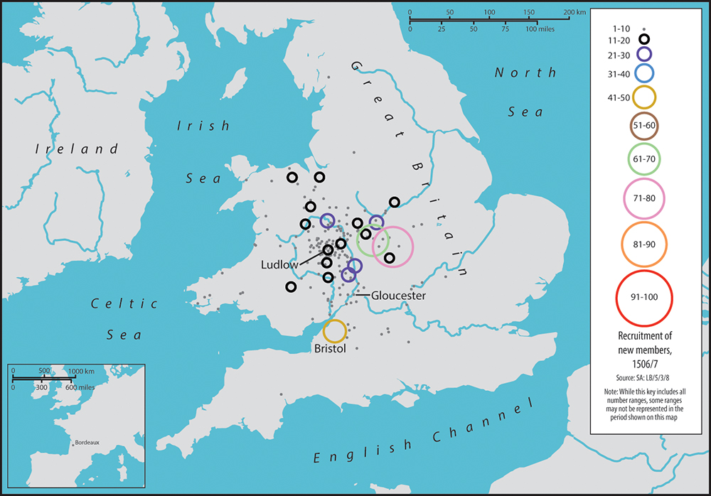 A map of Great Britain and Ireland. Circles of varying sizes demonstrate the number of new recruits of the Palmers’ Guild in 1506/7. Coventry has the largest circle with between 71 and 80 new recruits while Birmingham has the next largest circle with between 61 and 70 new recruits. Gloucester, Bristol, and Ludlow are also labelled.