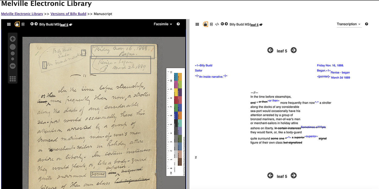 The Melville Electronic Library’s new diplomatic transcription view using the EditionCrafter software. The manuscript is shown on the left and the diplomatic transcription on the right.