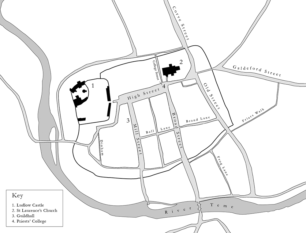 A sketch of a walled town, surrounded by a river on two sides. The castle and parish church dominate the space of the town and there are only eight streets within the walls.