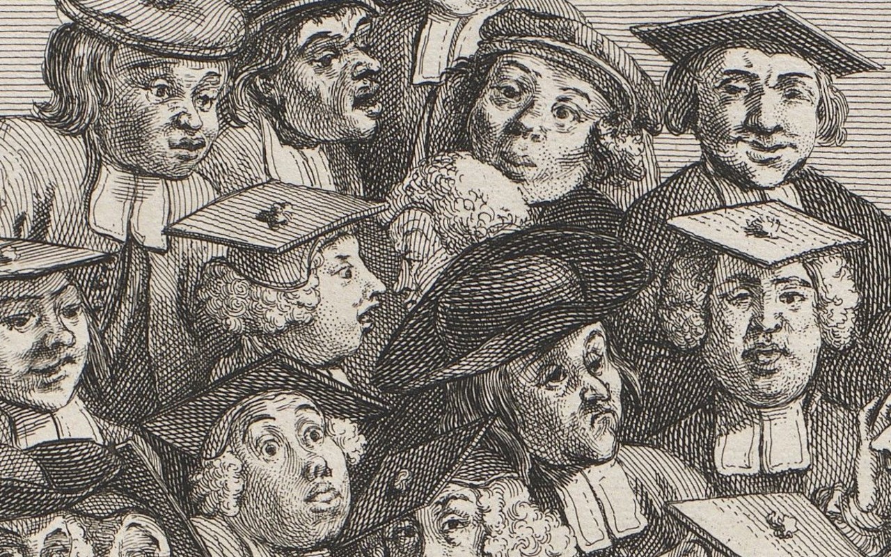 Engraving by William Hogarth depicting scholars at a lecture in cartoonish style.