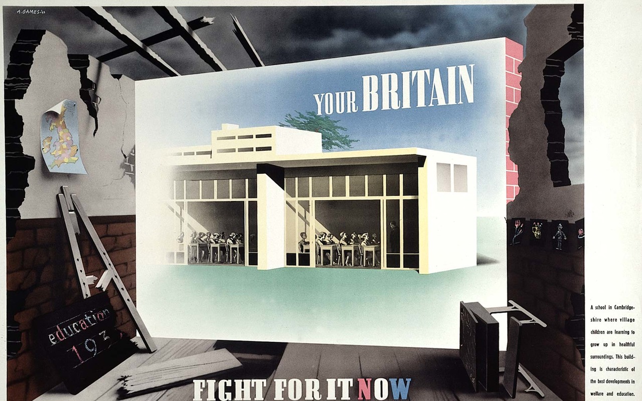 The cover for Democratising History: Modern British History Inside and Out, showing a ruined school building with crumbling walls, no ceiling, lifted floorboards, a map of Britain with curling corners pinned to the left-hand wall, a broken blackboard on the floor, and a chair that has been knocked down on the right-hand side. At the centre of the ruin is a prominent picture of a modern school in excellent repair with children sitting at desks in orderly rows, looking at their teacher.