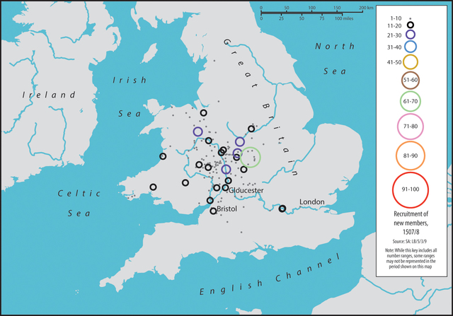 Map 0.10. A map of Great Britain and Ireland. Circles of varying sizes demonstrate the number of new recruits of the Palmers' Guild in 1507/8. Coventry has the largest circle with between 61 and 70 new recruits. Gloucester, Bristol, and London are also labelled.