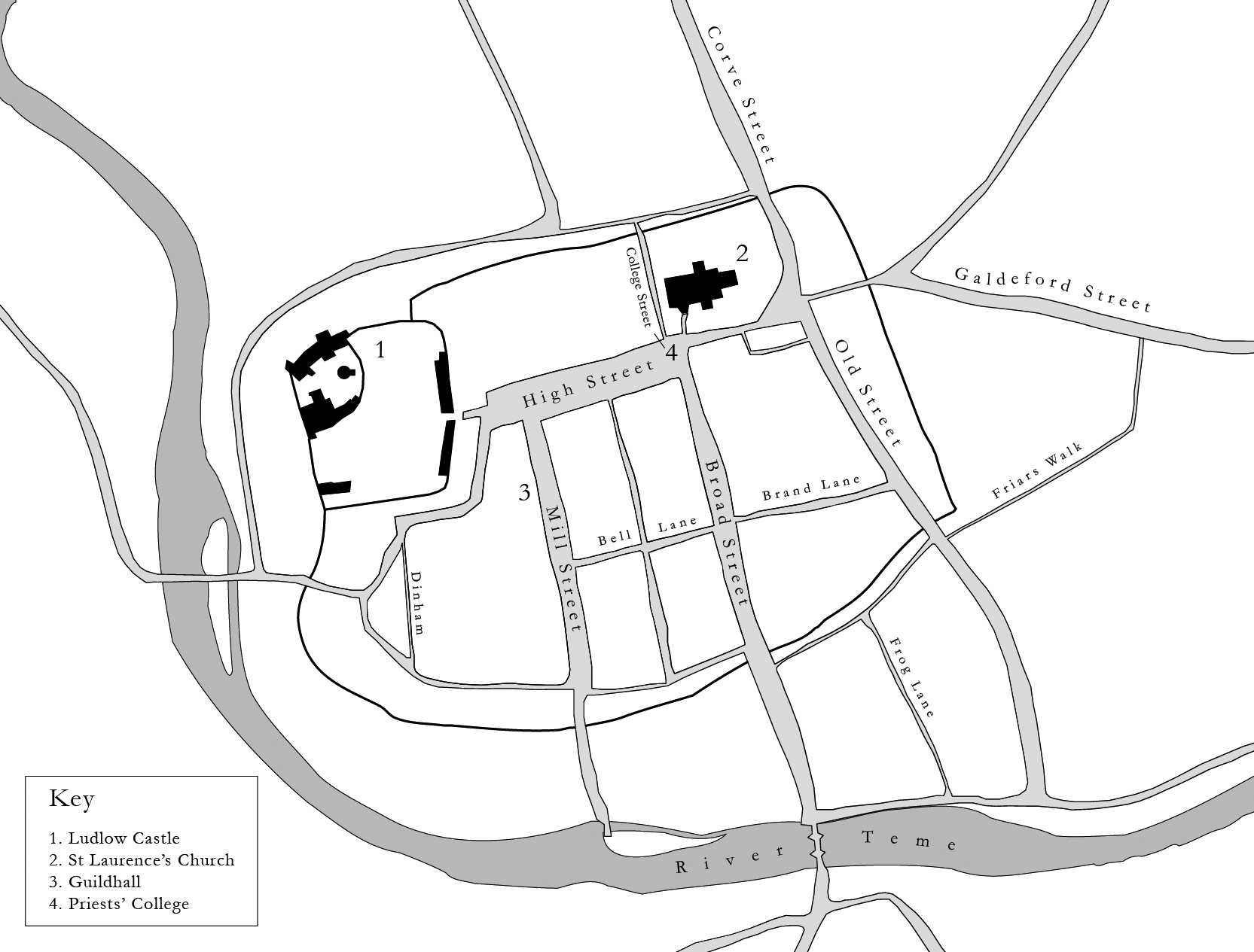 Map 0.1. A sketch of a walled town, surrounded by a river on two sides. The castle and parish church dominate the space of the town and there are only eight streets within the walls.