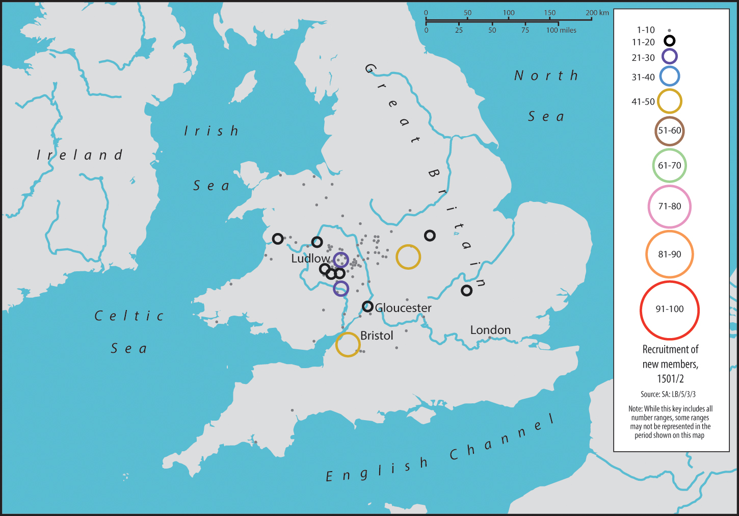 Map 0.4. A map of Great Britain and Ireland. Circles of varying sizes demonstrate the number of new recruits of the Palmers' Guild in 1501/2. Bristol and Coventry had the largest circles. Gloucester, Ludlow, and London are also labelled.  