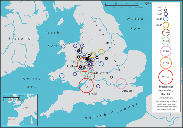 Map 0.3. A map of Great Britain and Ireland. Circles of varying sizes demonstrate the number of new recruits of the Palmers' Guild between 1497 and 1501. Ludlow and Bristol have the largest circles, with 91-100 recruits each. London has between 71 and 80 new recruits. Other places range between 1 and 70 members. A small inset map shows Continental Europe with Caminha and Troyes labelled to show the recruitment of members from there.